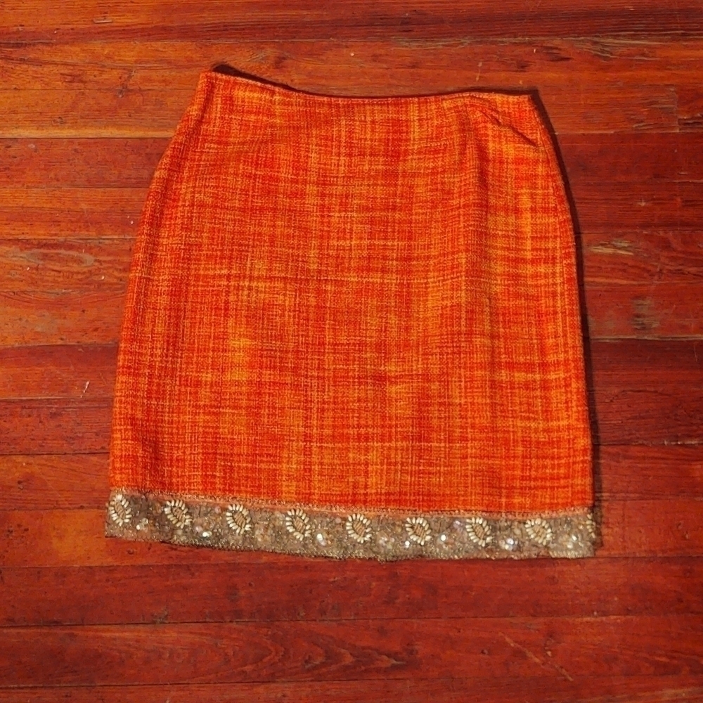 Josephine Chaus Orange Tweed Silk Skirt with Beaded Trim Sz 8